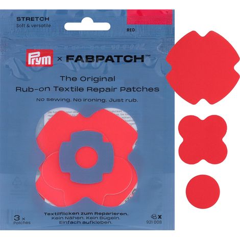Prym 921008 FabPatch Stretch Rub-on Patch rosso (3 pezzi) – Toppe autoadesive bi-elastiche di riparazione per abbigliamento sportivo, leggings, giacche e sneakers – Riparazione tessile senza cuciture (1/5)