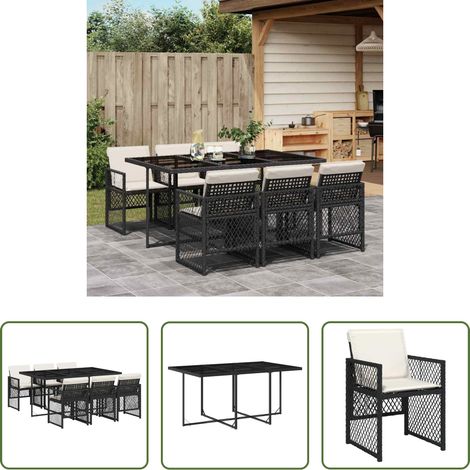 Chaises de jardin -  Ensemble à manger de jardin coussins 7 pcs noir résine tressée (1/5)