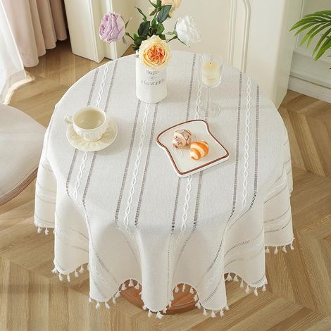 Nappe ronde, nappe à pompons texturée en coton et lin, nappe ronde rayée brodée pour fête de mariage au restaurant (diamètre 90 cm) (1/5)