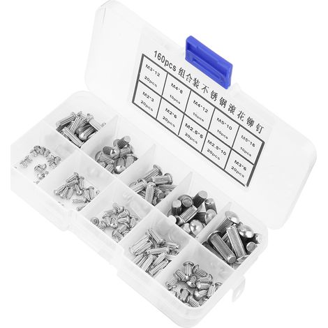 Lot de 160 rivets pleins en acier inoxydable, tête ronde et tige moletée, tailles M2 à M5, assortiment complet (1/5)