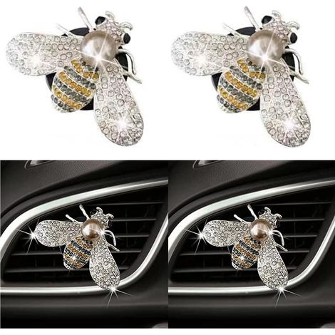Clips de ventilation abeille brillante, désodorisant abeille en cristal pour voiture, clip de ventilation, décoration intérieure strass, accessoires de voiture (5 pièces/argent)