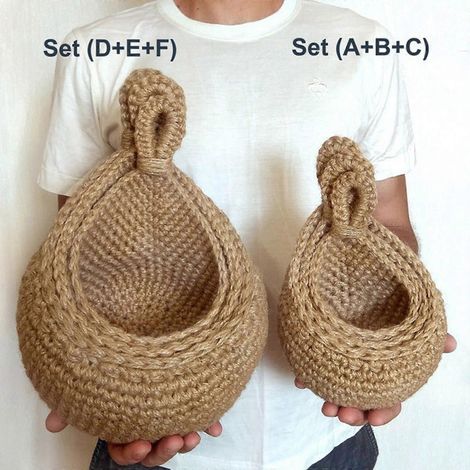 Lot de 3 paniers muraux pour fruits et légumes, paniers de rangement suspendus en jute, paniers de rangement tissés à la main, pour légumes, fruits et outils-A (1/4)