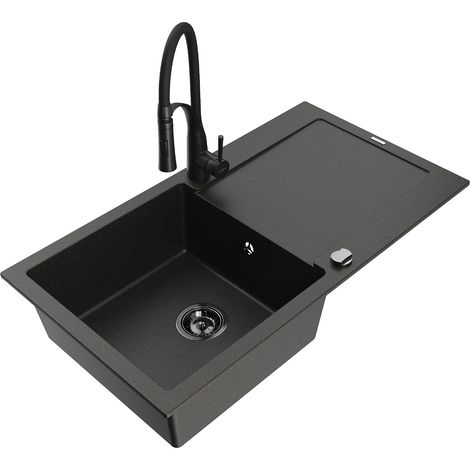 Mexen Leo fregadero de granito de 1 seno con escurridor y grifo de cocina Aster, negro/oro metálico - 6501-75-73450-70-B (1/5)