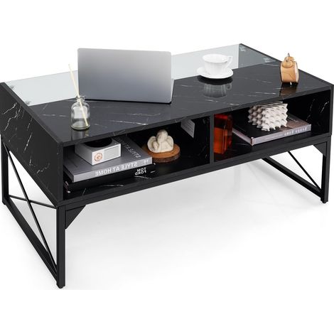 COSTWAY Tavolino da Salotto, Tavolino da Caffè da in Vetro e Legno con Luce LED Multicolore Regolabile a Telecomando e Ripiani, Tavolino per Soggiorno e Ufficio, 105 x 55 x 50 cm (Nero) (1/5)