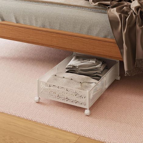 Boîte de rangement sous lit à roulettes, conteneur pliable avec roues 360°, organisateur pour vêtements, chaussures, couvertures, tiroir mobile facile, blanc. (1/5)