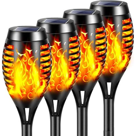 Lampes solaires d'extérieur à flamme, 4 torches solaires à 12 LED pour jardin, étanches IP65, avec flamme réaliste pour décoration, jardin, terrasse, allée, cour (1/4)