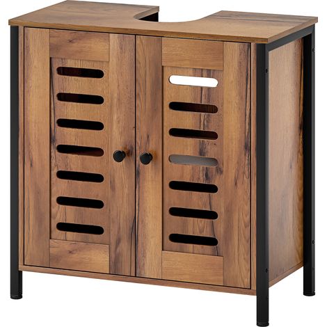 Meuble Lavabo Industriel 2 Portes Lamas Cierre Magnético Estante Ajustable Marron Rustique 60x30x60 cm