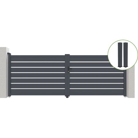 Portail battant 4m VOGEL H.140cm alu gris + 2 poteaux 20x20cm H.166cm (1/4)