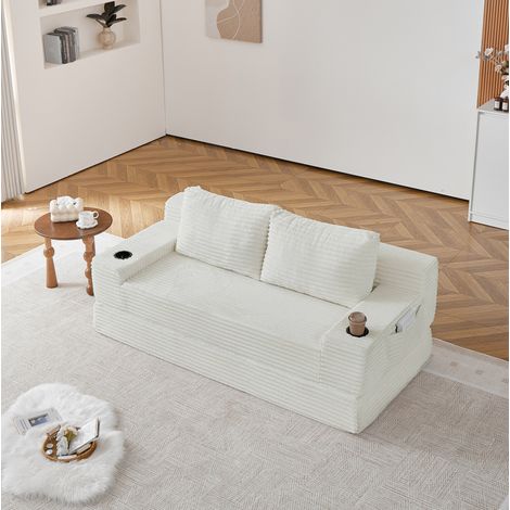 Divano letto 2 posti beige a coste, convertibile con contenitore FLORAGRACE (1/5)