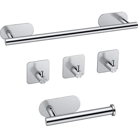 Kit portasciugamani da bagno JiGiU da 40 cm, portasciugamani autoadesivo in acciaio inox 304 + portarotolo + 3 ganci portasciugamani, set portasciugamani - Argento -Crezuo