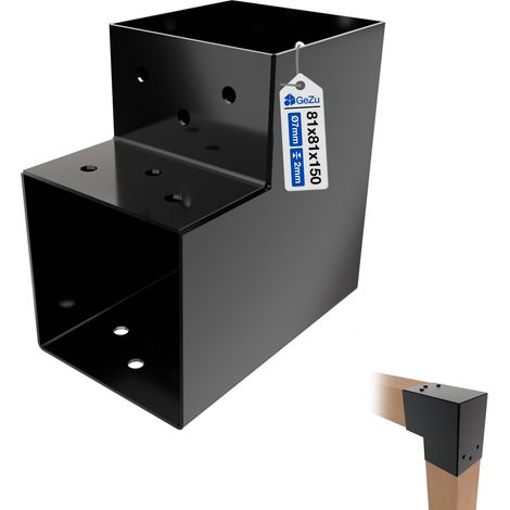Connecteur de poteau en L 81 x 81 mm – Angle 90° 2D – Revêtement poudre noir – Support d’angle carré pour pergola et pavillon – GeZu Impex