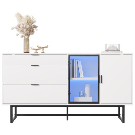 Buffet blanc, vitrine, meuble de rangement, meuble de salle à manger moderne et luxueux, trois tiroirs, portes vitrées, avec bande lumineuse LED.