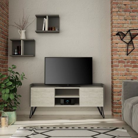 Mueble TV madera 125cm con 2 puertas en blanco vintage y antracita - Klappe (1/5)