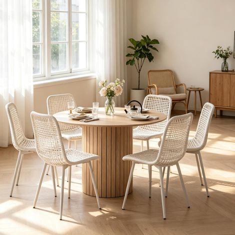 Table à manger ronde en bois clair, diamètre 120 cm, hauteur 76 cm, plateau épais de 1,8 cm, piètement cylindrique stable de 52 cm, 4 à 6 places, pour les repas au quotidien – CHICFURN (1/5)