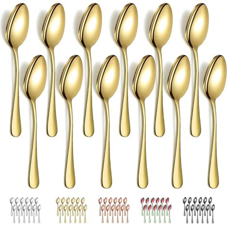 12 Goldlöffel (17,3 x 3,6 cm), Menülöffel, Tafellöffel aus Edelstahl, leicht zu reinigen, spülmaschinenfest (1/5)