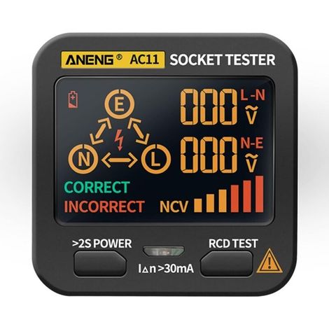 1 testeur de prise, détecteur de disjoncteur différentiel, vérificateur de polarité pour circuits électriques, 110–250 V CA, affichage LED (1/5)