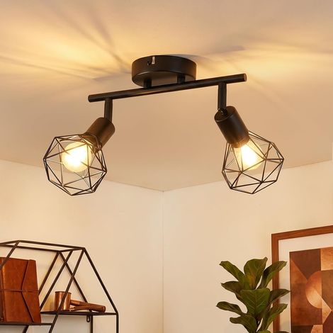 Plafonnier LED 2 Spots Orientable E14, Rétro Applique Murale Noir Métal Spots et Rails de Spot Plafonnier/Applique pour Cuisine Salon Couloir Chambre, Sans Ampoule (1/5)