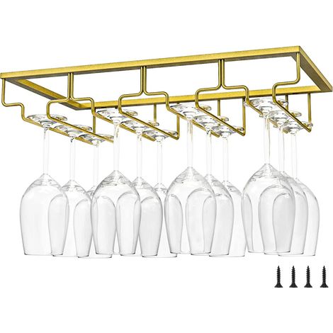 Support à Verre à Vin, Porte-verres à vin en métal, Porte-Verres à Pied Suspendu Support, Porte-Verres, avec Vis de Montage, 4 Rangées de Grande Capacité, pour Bar Cuisine, 40 x 22,5 x 5cm(Or) (1/5)