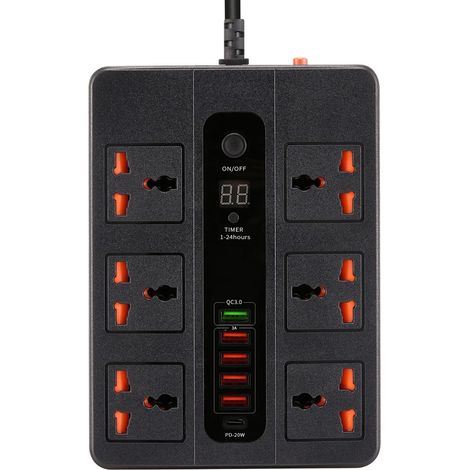 Verlängerungskabel mit USB-Anschlüssen, 6 Steckdosen mit 5 USB-Anschlüssen und 1 USB-C-Anschluss, Verlängerungskabel mit Überspannungsschutz, 1-24-Stunden-Timer (1/5)