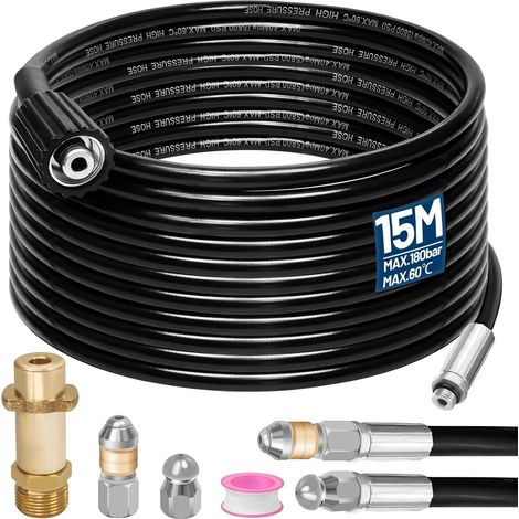 Kit de tuyau de nettoyage de canalisations 30 m, 180 bar, 60 °C, avec buses rigides et rotatives, 1 adaptateur compatible avec K2, K3, K4, K5, K6, K7