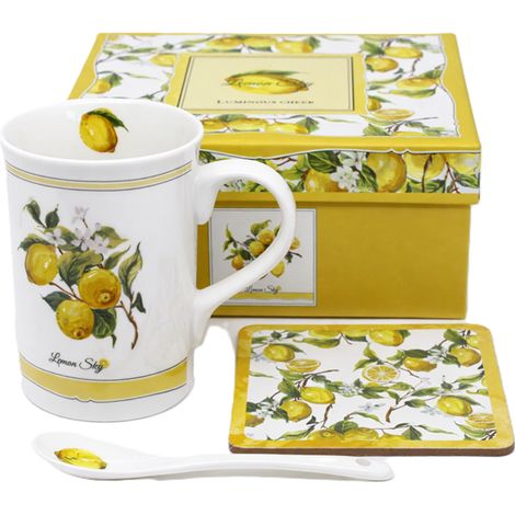 Taza de porcelana con forma de limón de 320 ml con cuchara y posavasos, perfecta para regalar. (1/5)
