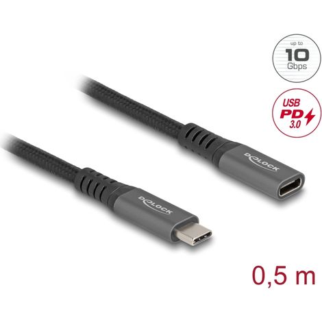 Delock Cable de extensiÃ³n USB 10 Gbps USB Type-Câ¢ macho a hembra PD 3.0 100 W 0,5 m gris metal