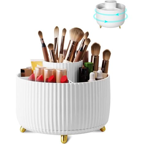 Organizador giratorio de plástico blanco, diseñado para lápices cosméticos, pivotante y multifuncional.