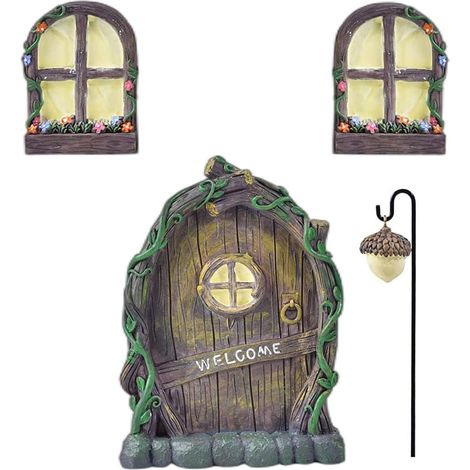Estatuas de jardín de 4 piezas, estatuas de resina que brillan en la oscuridad, decoraciones para árboles, decoración de estatuas en miniatura, esculturas de jardín de hadas, decoración navideña. (1/5)