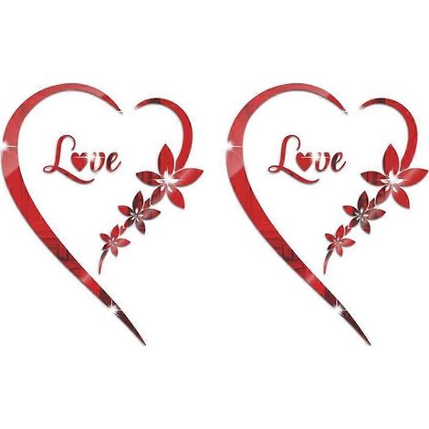 Lot de 2 stickers miroir acryliques en forme de cœur, pour chambre, salon, mur derrière la télévision, décoration murale rouge. (1/5)