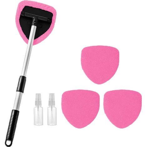 Spazzola telescopica pentagonale per la pulizia del parabrezza, include 4 panni rosa + 2 flaconi spray, sbrinatore per vetri auto e accessori per la pulizia.