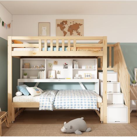Letto a castello 90/200 + 90/190 cm bianco e rovere, con letto estraibile, scrivania e contenitori (1/5)
