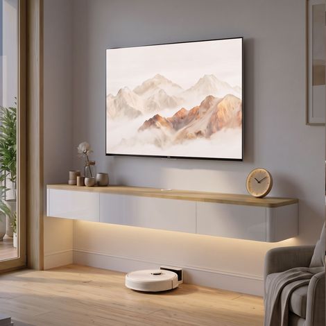 Meuble TV mural jusqu'à 65 pouces – 2 tiroirs et placard – Éclairage LED RGB avec télécommande – Prises électriques – Coloris blanc et bois (1/5)