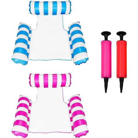 Lot de 2 hamacs gonflables pour piscine, hamac gonflable 4 en 1 (selle, chaise longue, hamac, dériveur), jouets de fête pour salon aquatique (bleu + rose) (1/5)