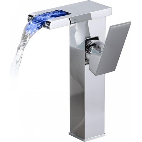Grifo de baño - Agua fría y caliente - LED que cambia de color - Caño ancho tipo cascada - Cromado - Altura 24 cm (1/5)