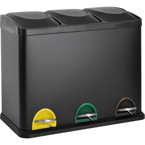 Svita – Poubelle à pédale 45L en acier inoxydable – 3 compartiments pour tri sélectif – Pédales antidérapantes – Dimensions 60 x 33 x 48 cm