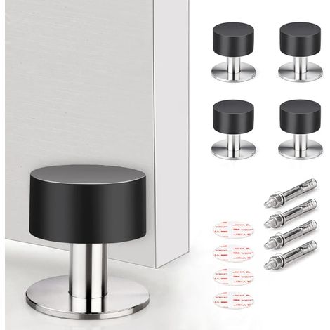 Butée de porte, lot de 4, fixation murale et au sol, acier inoxydable, ruban adhésif 3M, insonorisation, butée en caoutchouc, installation facile (1/5)