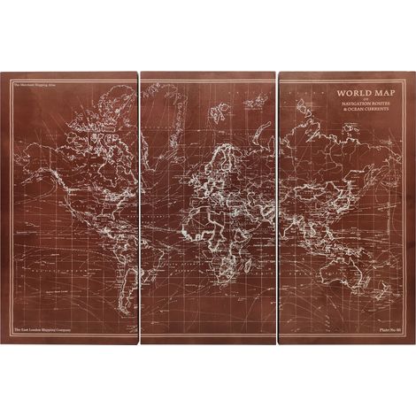 Trittico vintage dipinto a mano con mappa del mondo su tela, 120x60 cm con cornice in legno, decorazione marrone per camera da letto.