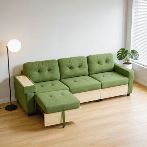 Modulares 3-Sitzer Ecksofa mit ausziehbarer Ottomane, USB-Anschluss, Stauraum & Holztischarm, Samtstoff Couch mit Hochdichtes Schaumstoff, Wohnzimmer Sofa in, Grün