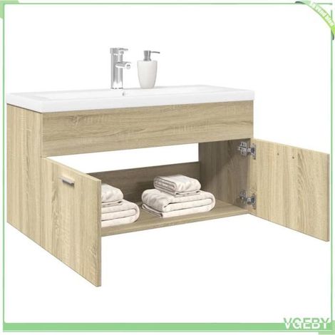 Armoire de lavabo - 3324985 - chêne sonoma - vasque encastrée céramique blanche - 90x38,5x46 cm (1/5)