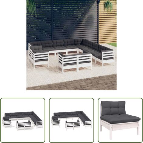Terrassensofa - 13-tlg. Garten-Lounge-Set mit Kissen Weiß Massivholz Kiefer (1/5)