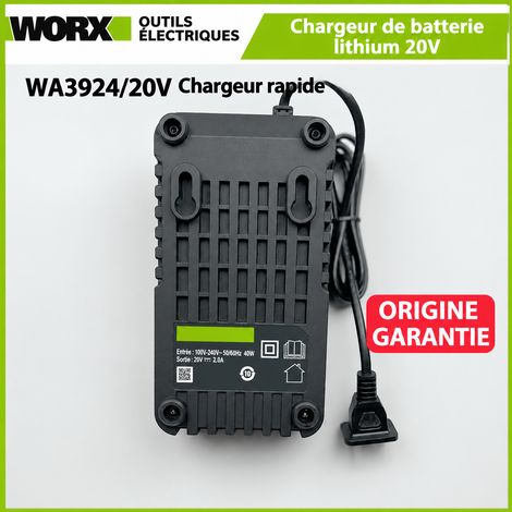 Chargeur rapide d'origine Worx WA3924 pour outils électroportatifs 20V 2.0A 400 g – Livraison gratuite