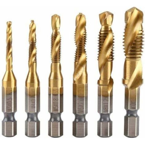 Lot de 6 tarauds filetés, foret taraud, filetage métrique M3-M10 avec revêtement en titane HSS et embouts de taraudage 1/4" queue hexagonale cannelée pour tarauder différents fils.