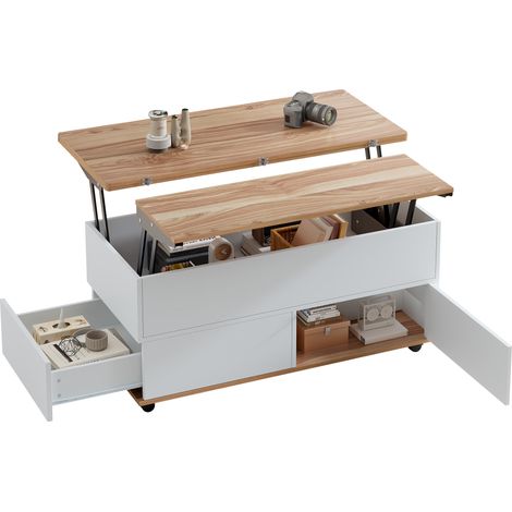 Mesa De Centro Elevable con 1 Cajón, 1 Armario y 2 Estantes, con Ruedas, Estilo Moderno, en Tablero de Partículas, Blanco y Madera, 100×98×65 cm (1/5)