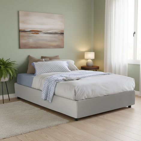 Dmora - Cama matrimonial Ddel, Cama contenedor con tapizado en ecopiel, 100% Made in Italy, Apertura frontal, adecuado para colchón 140x190 cm, Blanco (1/4)