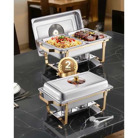 VEVOR Chauffe-Plat Rectangulaire 2PCs 4 L, Buffet Chauffant avec 4 Bacs Demie Taille, Rechaud en Acier Inoxydable avec Couvercle en Verre, pour Buffet Libre-Service Hotel Traiteur Restauration, Dore