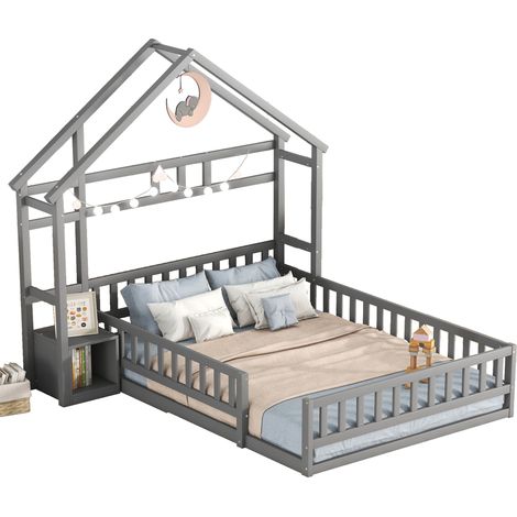 Cama infantil casa 140 x 200 cm con barandilla de 31 cm, mesita auxiliar y estructura de madera de pino, color gris para dormitorio infantil  CHICFURN (1/5)