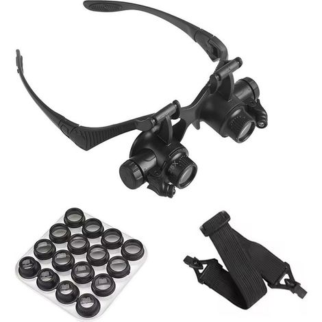 Loupe Casque avec LED - Kit de 16 lentilles (2,5 x 25 x) pour réparation de montre et électronique - Bandeau amovible / cadre de lunettes