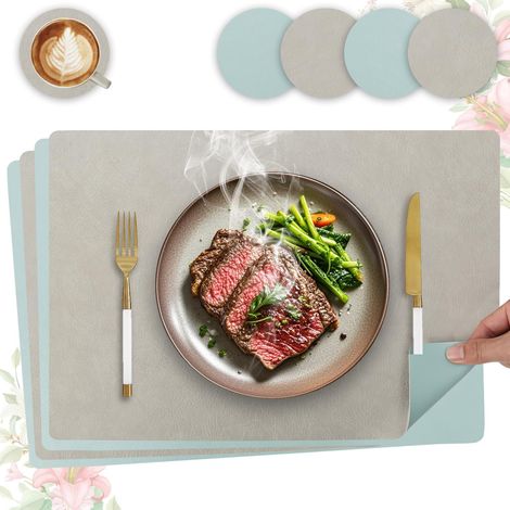 Set de table lavable antidérapant, lot de 4 en cuir PU double face, 43x30cm (gris clair + bleu clair). (1/5)