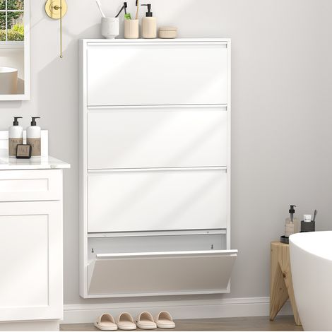 Mueble zapatero mural con puertas abatibles para entrada, ahorro de espacio, estructura metálica blanca (1/5)