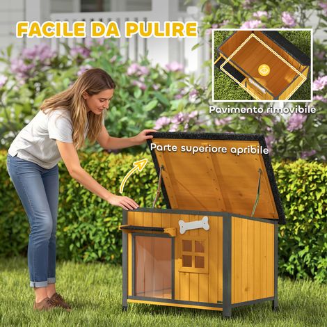 Niche d'extérieur pour chien en bois et acier, résistante aux morsures, avec toit ouvrant et rideau de porte, jaune (1/5)